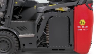Vue détaillée des dispositifs de sécurité des composants électriques du chariot élévateur antidéflagrant E14 de Fenwick