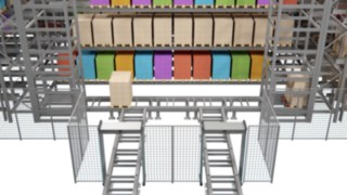 Les convoyeurs du S-MATIC cube amènent les marchandises à stocker vers les ascenseurs. Les marchandises à stocker sont déposées sur des tapis roulants.