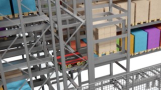 Des ascenseurs permettent aux marchandises d’atteindre le niveau préalablement déterminé. Les ascenseurs amènent les marchandises à des niveaux prédéfinis